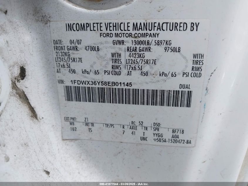 2008 Ford F-350 Chassis Lariat/Xl/Xlt VIN: 1FDWX36Y58EB01145 Lot: 41877544