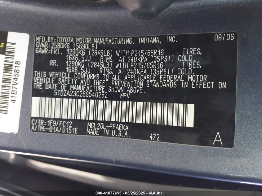 2006 TOYOTA SIENNA VIN: 5TDZA23C26S540252