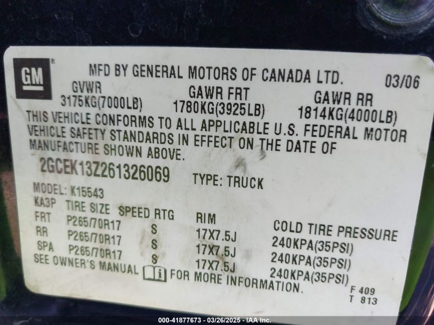 2006 Chevrolet Silverado 1500 Lt3 VIN: 2GCEK13Z261326069 Lot: 41877673