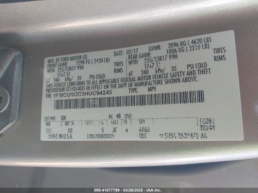 2017 Ford Escape Se VIN: 1FMCU0GD3HUC94245 Lot: 41877799