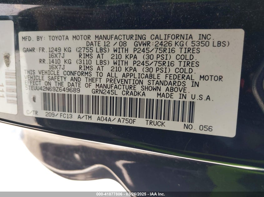 2009 TOYOTA TACOMA VIN: 5TEUU42N69Z649689