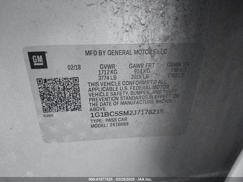 2018 Chevrolet Cruze Ls Auto VIN: 1G1BC5SM2J7178216 Lot: 41877828