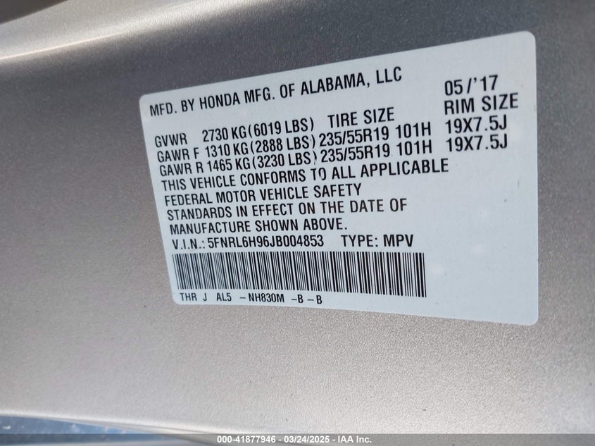 VIN: 5FNRL6H96JB004853 2018 HONDA ODYSSEY ELITE