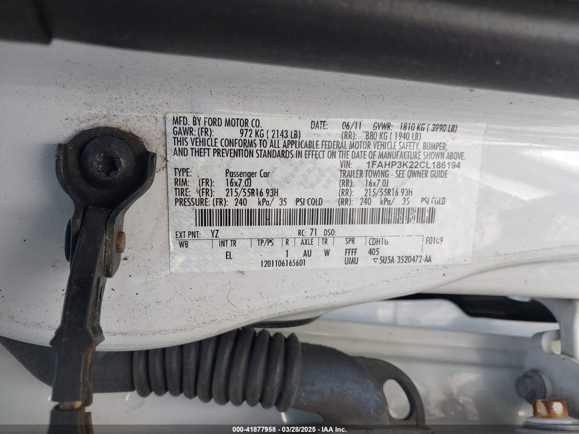 2012 FORD FOCUS VIN: 1FAHP3K22CL186194
