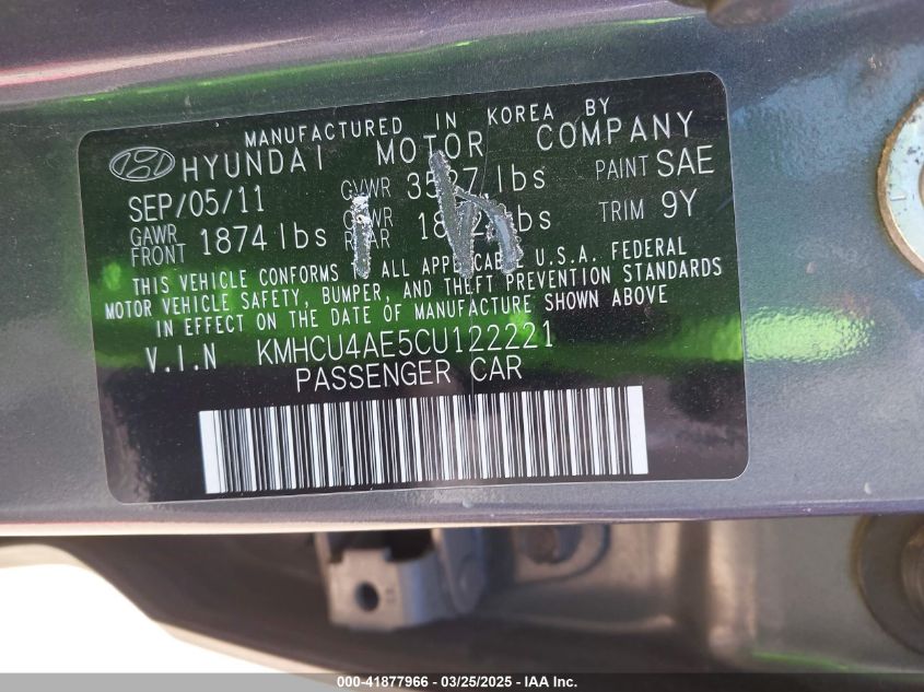 2012 Hyundai Accent Gls VIN: KMHCU4AE5CU122221 Lot: 41877966