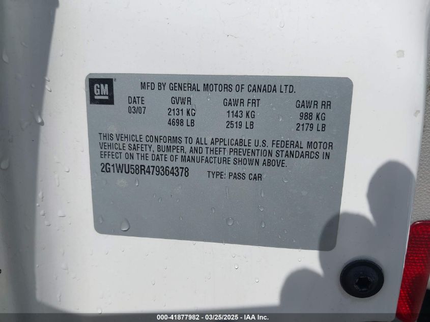 2007 Chevrolet Impala Ltz VIN: 2G1WU58R479364378 Lot: 41877982