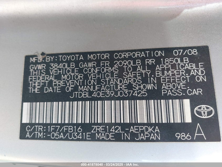 2009 TOYOTA COROLLA VIN: JTDBL40E39J037425