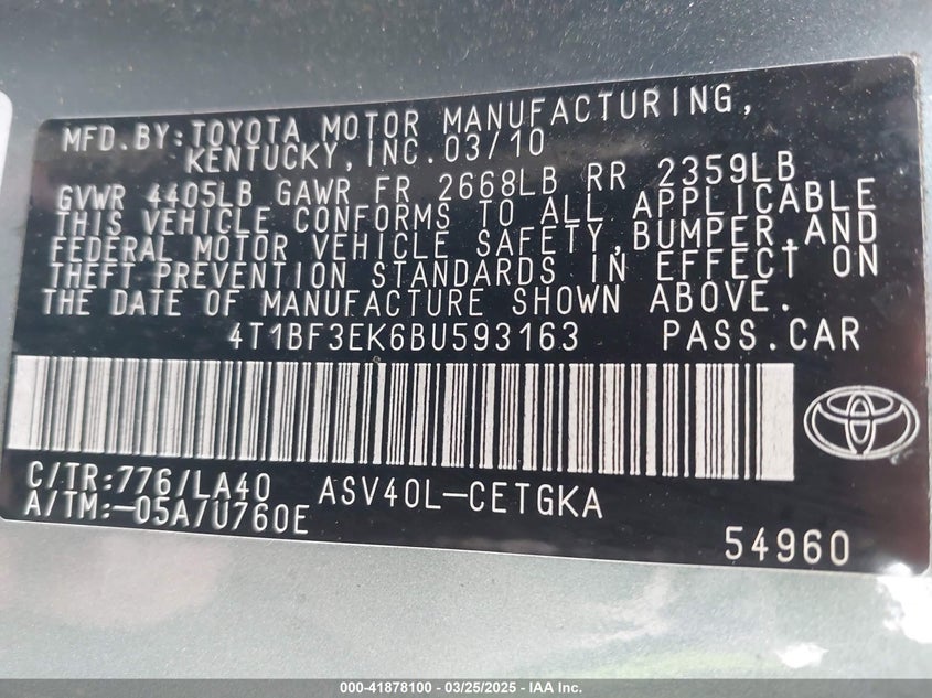 2011 TOYOTA CAMRY VIN: 4T1BF3EK6BU593163
