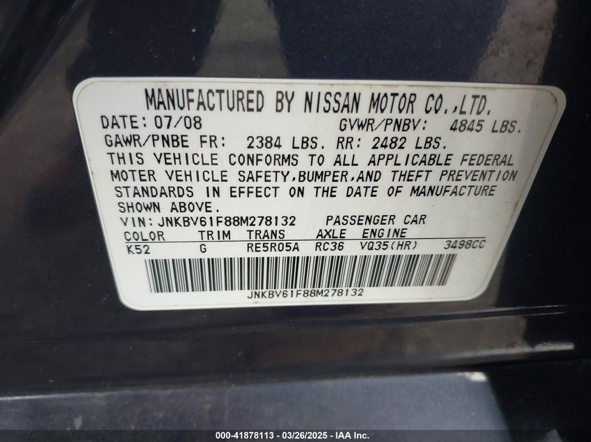2008 INFINITI G35X VIN: JNKBV61F88M278132