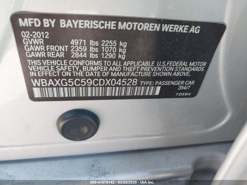2012 BMW 528I VIN: WBAXG5C59CDX04528 Lot: 41878142