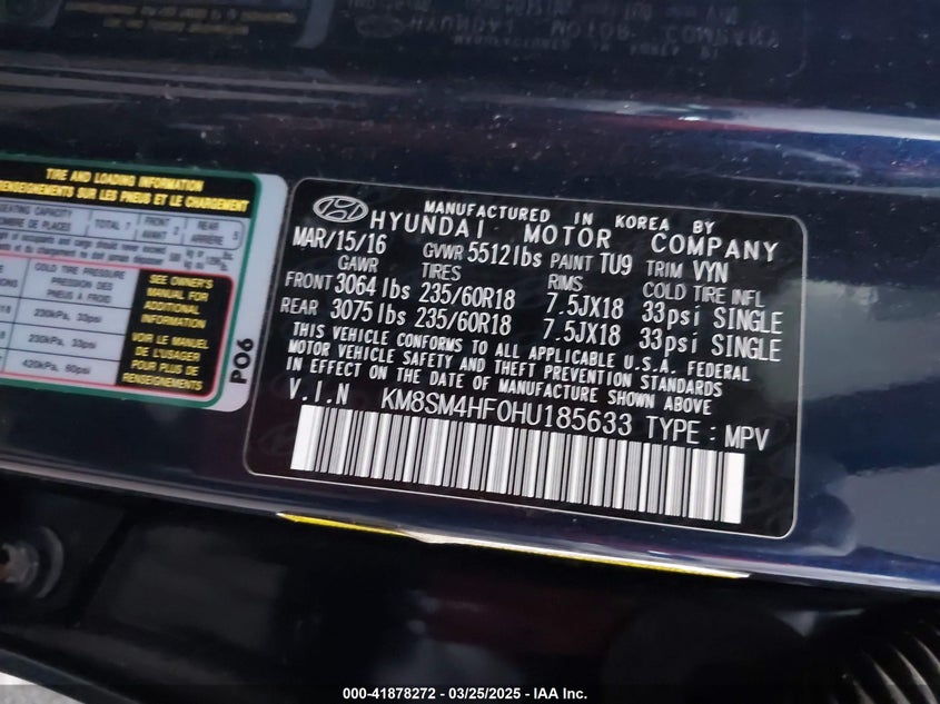 2017 Hyundai Santa Fe Se VIN: KM8SM4HF0HU185633 Lot: 41878272