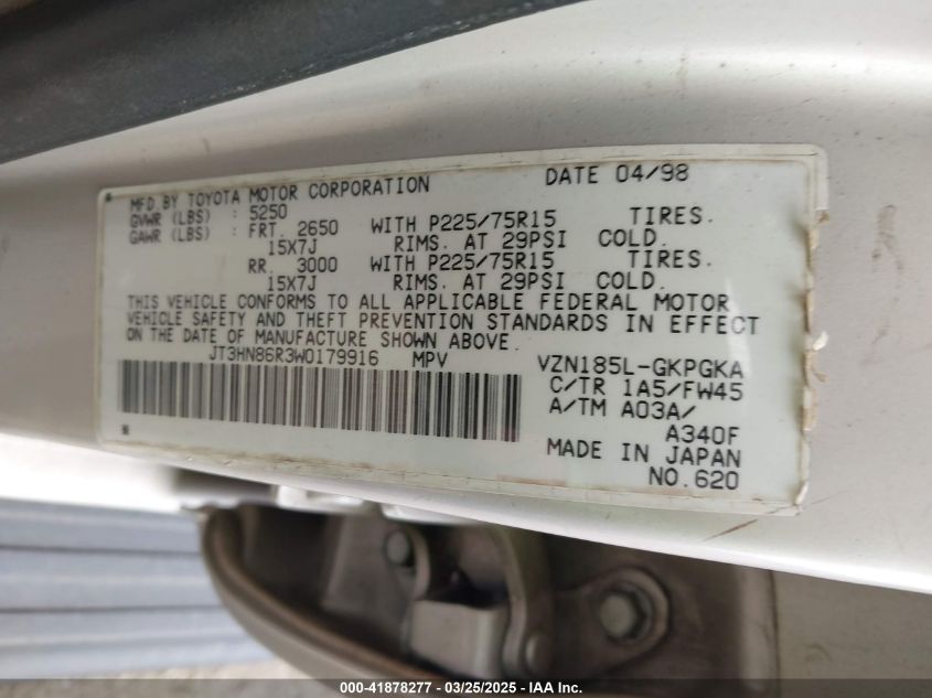 1998 Toyota 4Runner Sr5 V6 VIN: JT3HN86R3W0179916 Lot: 41878277