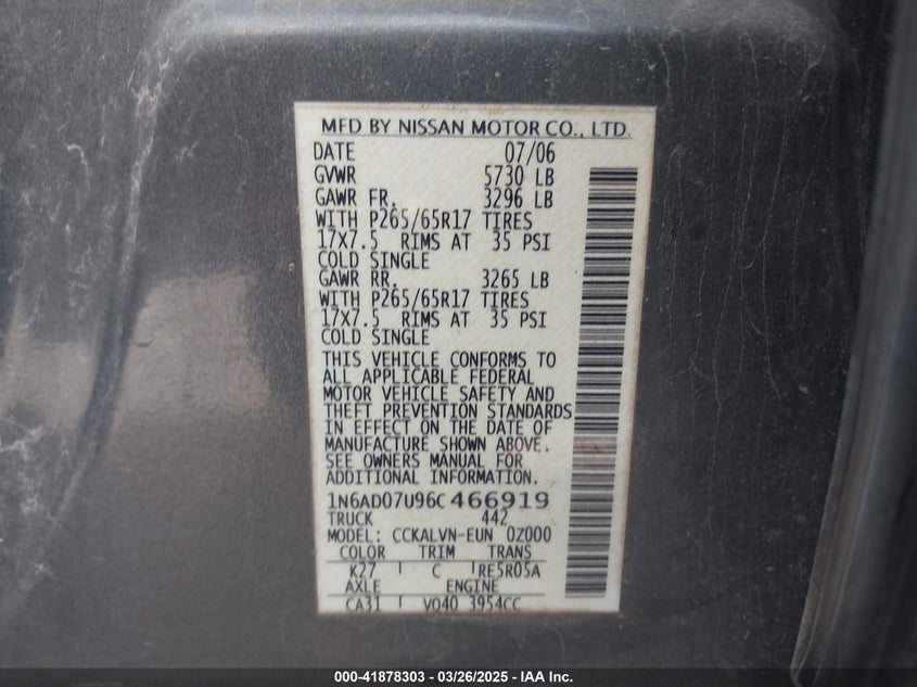 2006 NISSAN FRONTIER VIN: 1N6AD07U96C466919