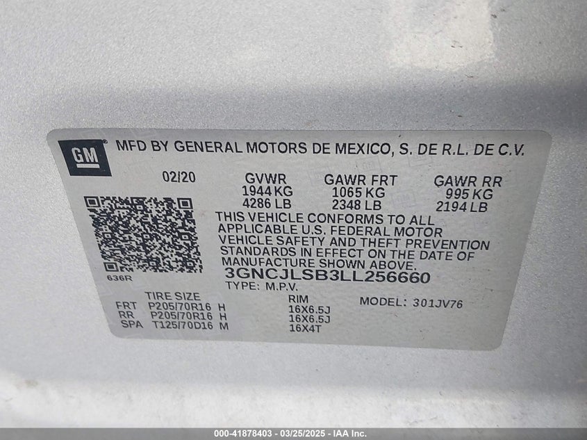 2020 Chevrolet Trax Fwd Lt VIN: 3GNCJLSB3LL256660 Lot: 41878403