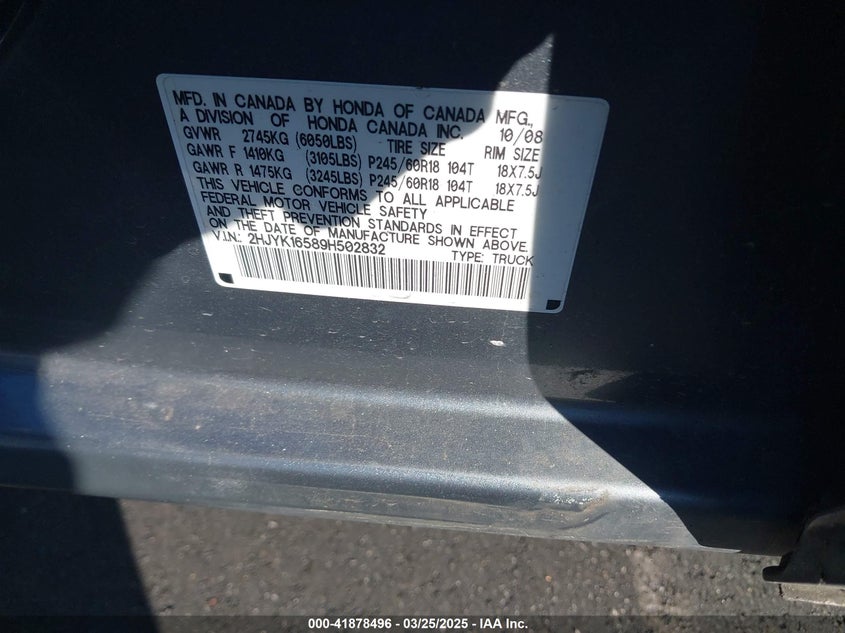 2009 HONDA RIDGELINE VIN: 2HJYK16589H502832