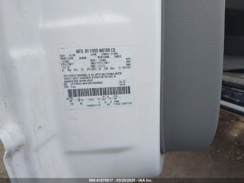 2008 Ford F150 Supercrew VIN: 1FTRW14W18FB9I982 Lot: 41878517