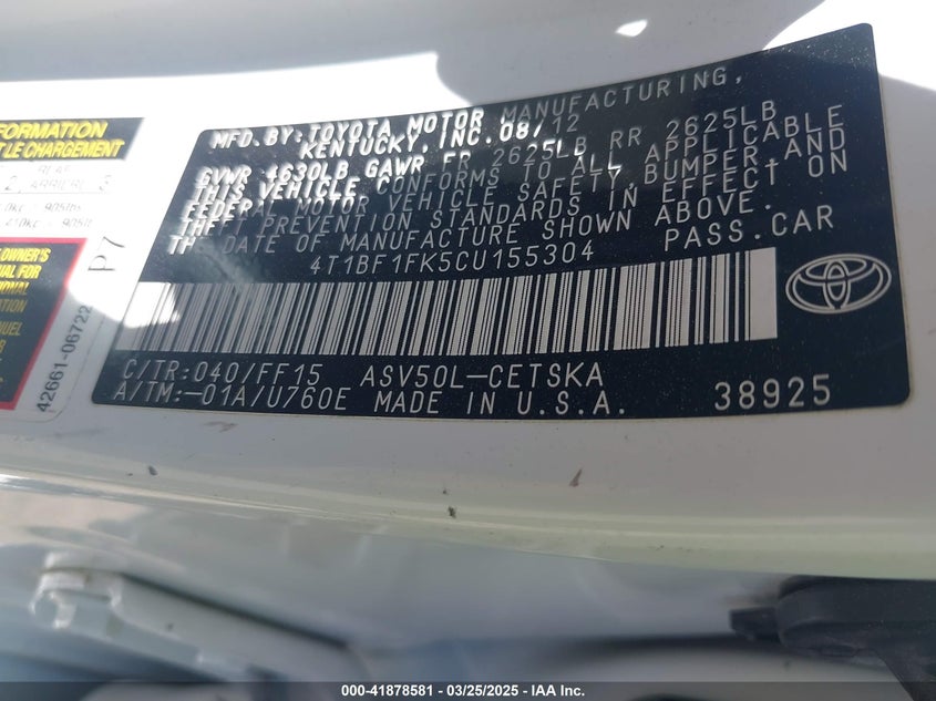 2012 TOYOTA CAMRY VIN: 4T1BF1FK5CU155304