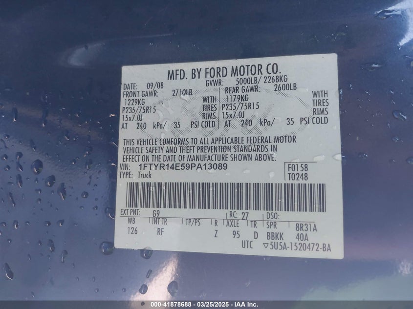 2009 FORD RANGER VIN: 1FTYR14E59PA13089
