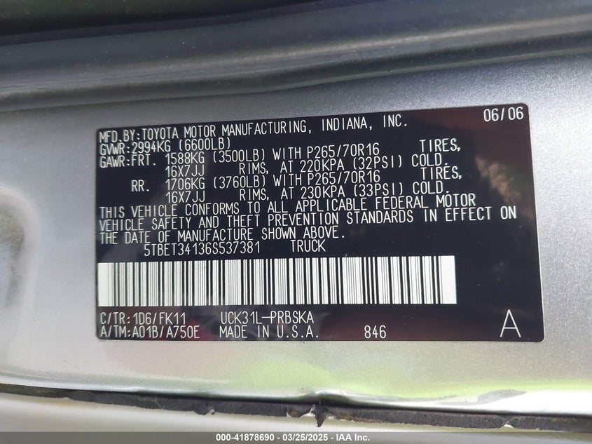 2006 TOYOTA TUNDRA VIN: 5TBET34136S537381
