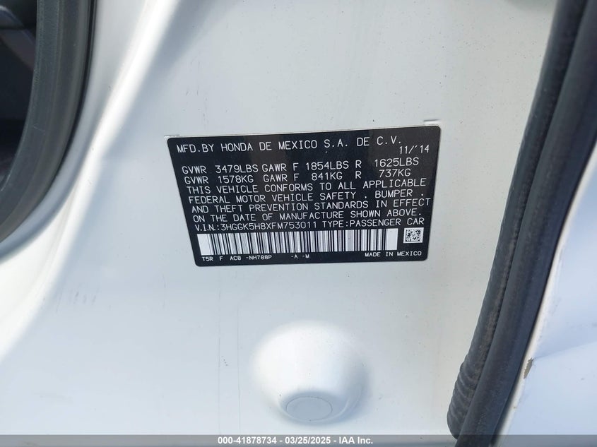 2015 HONDA FIT VIN: 3HGGK5H8XFM753011