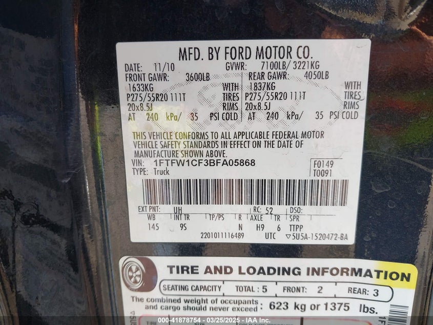 2011 FORD F150 VIN: 1FTFW1CF3BFA05868