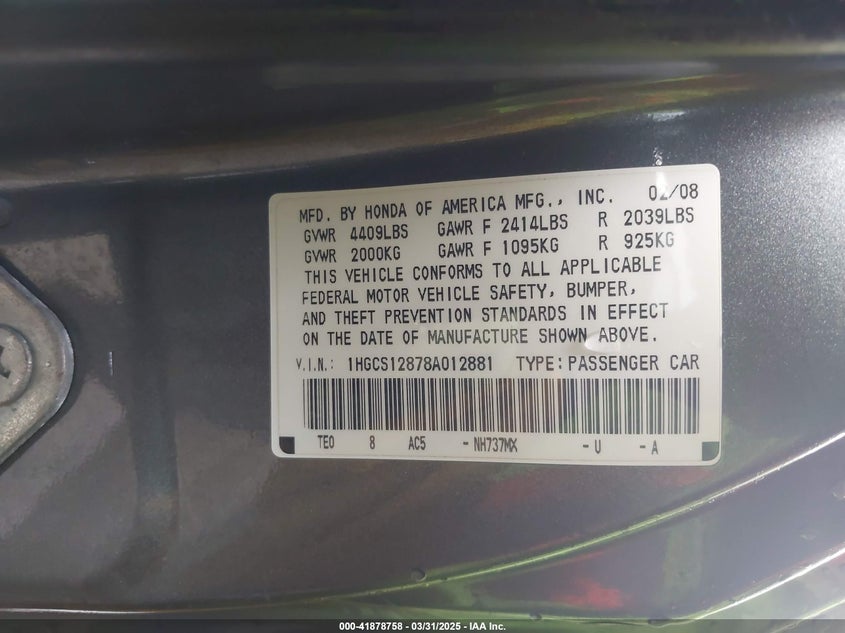 2008 HONDA ACCORD VIN: 1HGCS12878A012881