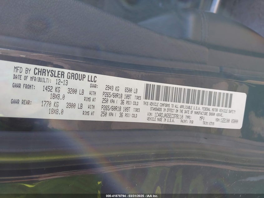 2014 DODGE DURANGO VIN: 1C4RDJAG5EC378110