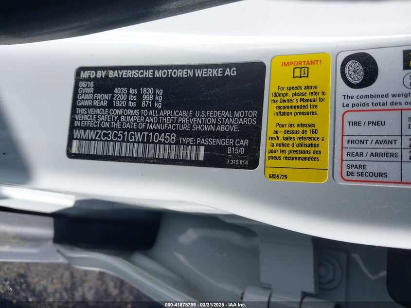 2016 MINI COOPER VIN: WMWZC3C51GWT10458