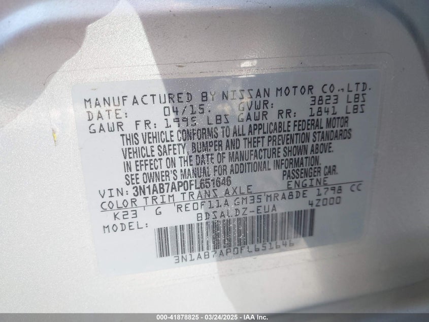 2015 NISSAN SENTRA VIN: 3N1AB7AP0FL651646