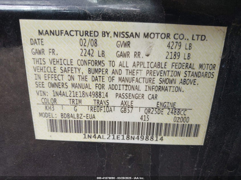 2008 NISSAN ALTIMA VIN: 1N4AL21E18N498814