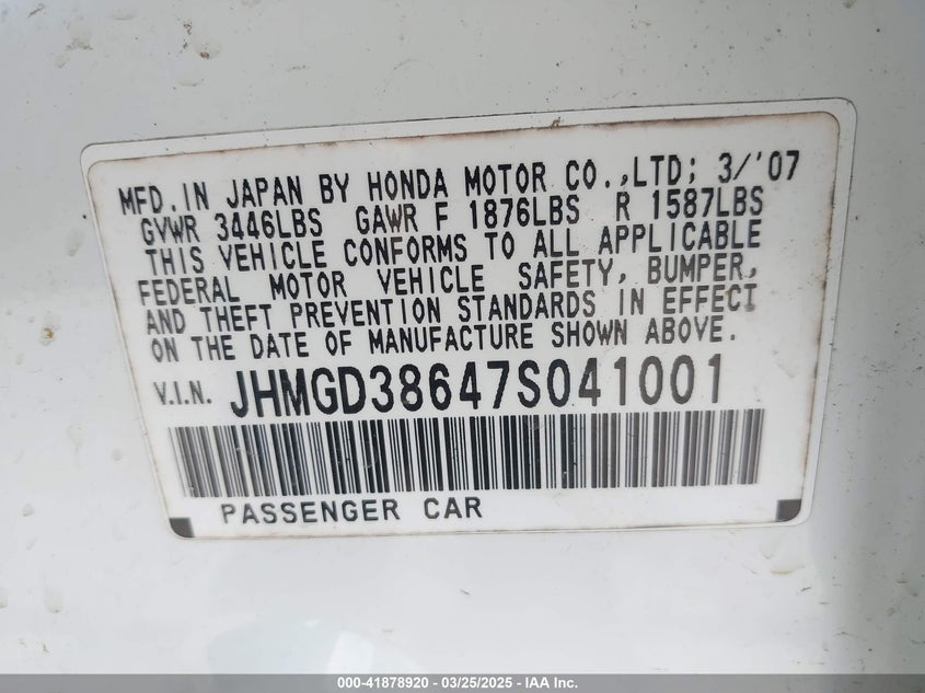 2007 HONDA FIT VIN: JHMGD38647S041001