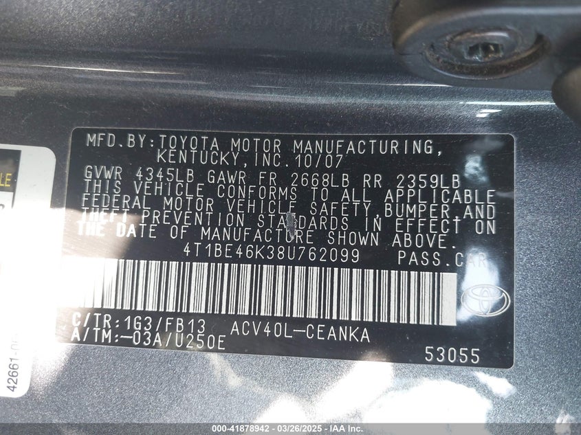 2008 TOYOTA CAMRY VIN: 4T1BE46K38U762099