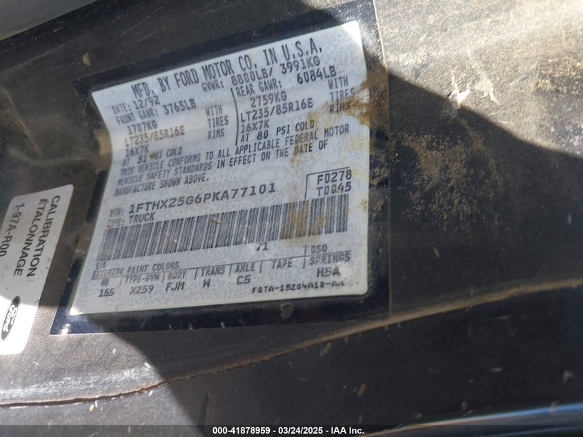1993 Ford F250 VIN: 1FTHX25G6PKA77101 Lot: 41878959