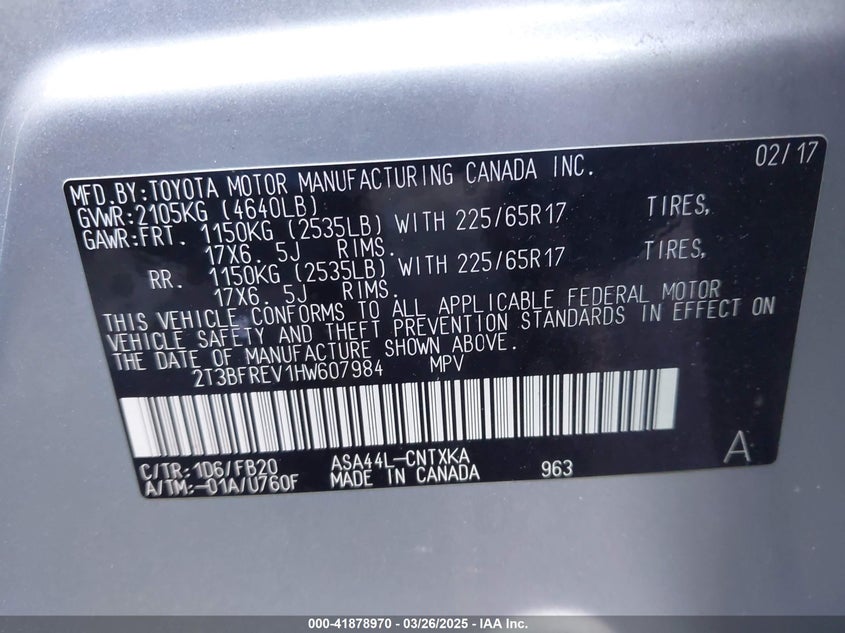 2017 TOYOTA RAV4 VIN: 2T3BFREV1HW607984