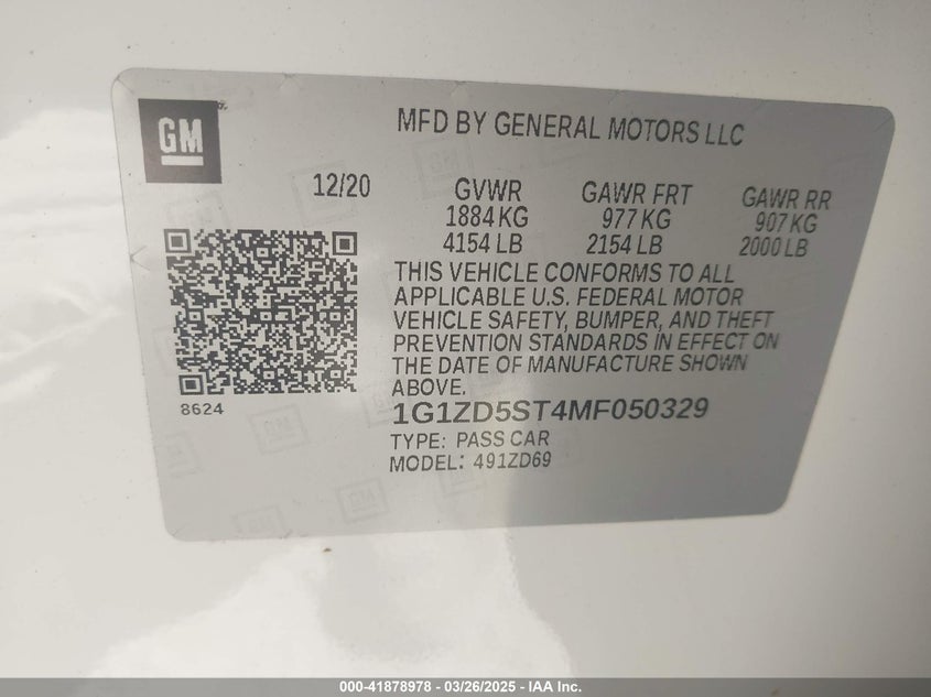 2021 CHEVROLET MALIBU VIN: 1G1ZD5ST4MF050329