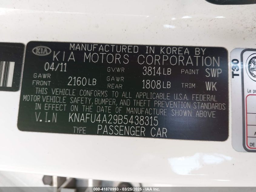 2011 Kia Forte Ex VIN: KNAFU4A29B5438315 Lot: 41878993