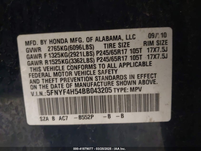 2011 HONDA PILOT VIN: 5FNYF4H54BB043205