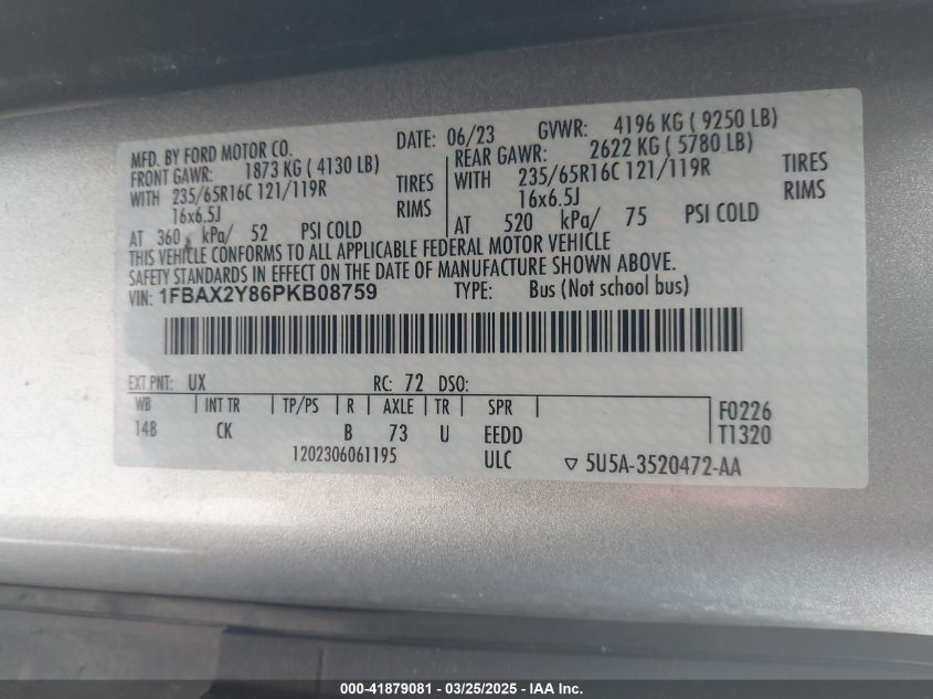 2023 Ford Transit-350 Passenger Van Xlt VIN: 1FBAX2Y86PKB08759 Lot: 41879081