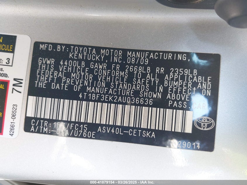 2010 TOYOTA CAMRY VIN: 4T1BF3EK2AU036636