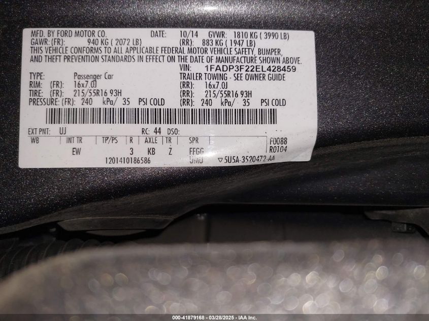 2014 Ford Focus Se VIN: 1FADP3F22EL428459 Lot: 41879168