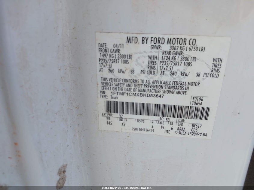2011 FORD F-150 VIN: 1FTMF1CMXBKD53647