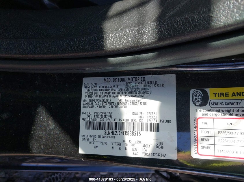 2012 LINCOLN MKZ VIN: 3LNHL2JC4CR838515