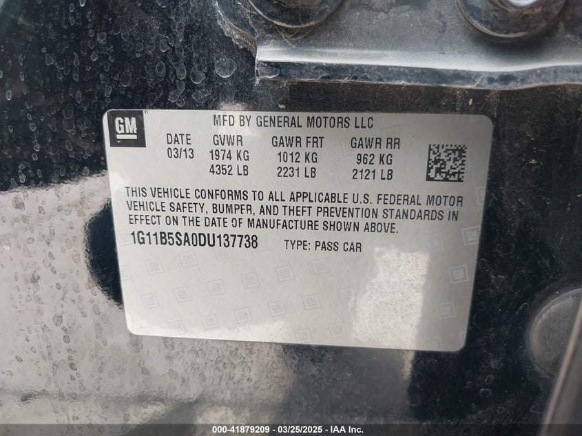 2013 Chevrolet Malibu 1Ls VIN: 1G11B5SA0DU137738 Lot: 41879209