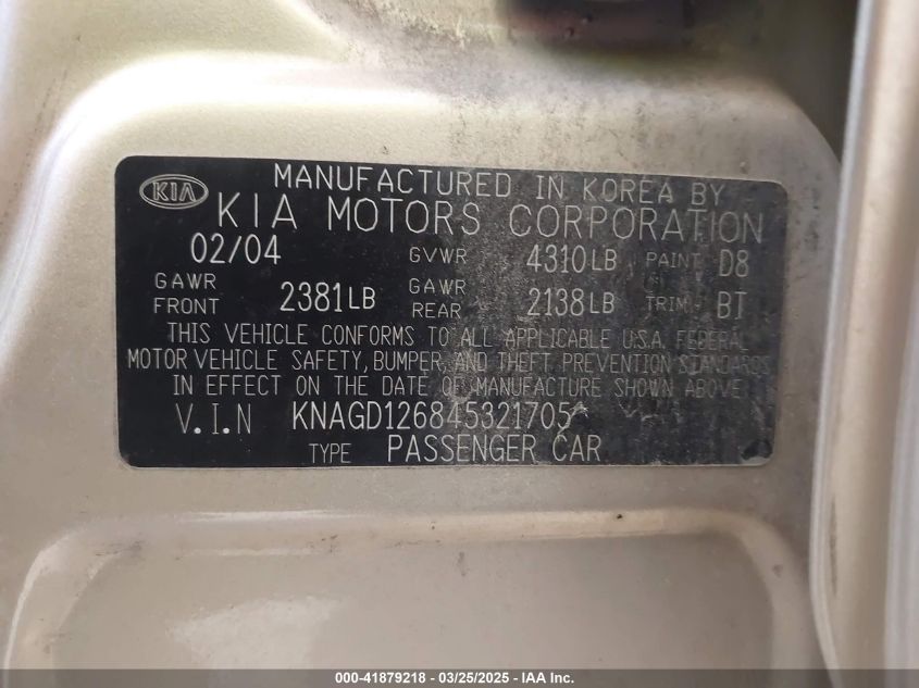 2004 Kia Optima Ex/Lx VIN: KNAGD126845321705 Lot: 41879218