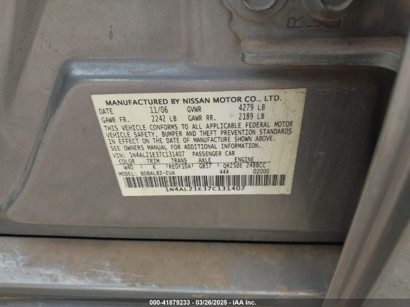 2007 Nissan Altima 2.5 S VIN: 1N4AL21E37C131407 Lot: 41879233