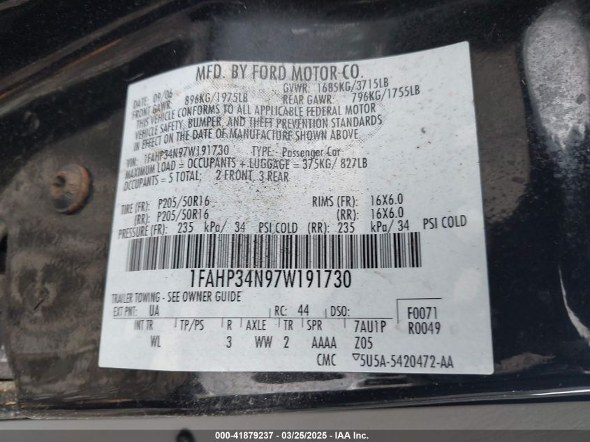 2007 Ford Focus S/Se/Ses VIN: 1FAHP34N97W191730 Lot: 41879237