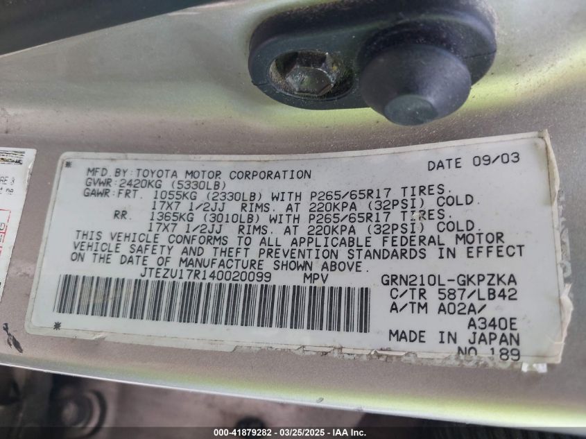 2004 Toyota 4Runner Limited V6 VIN: JTEZU17R140020099 Lot: 41879282