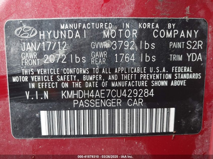 2012 Hyundai Elantra Gls (Ulsan Plant) VIN: KMHDH4AE7CU429284 Lot: 41879310