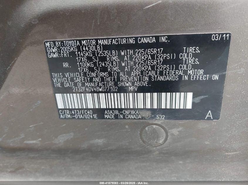 2011 Toyota Rav4 VIN: 2T3ZF4DV4BW077102 Lot: 41879383