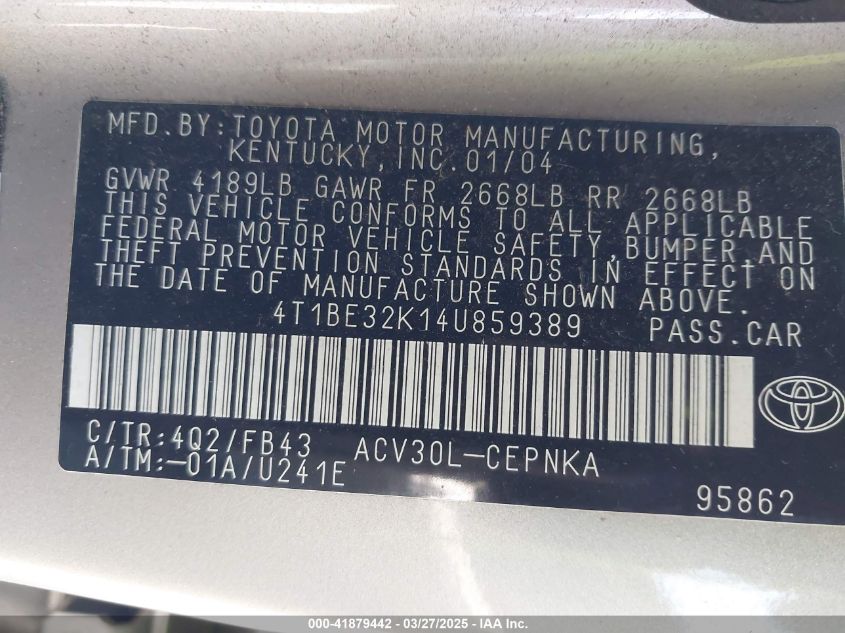 2004 Toyota Camry Le VIN: 4T1BE32K14U859389 Lot: 41879442